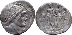 Roman Republic
L. MEMMIUS. Rome. Circa 109-108 BC. AR Denarius 3.77 g. Male head right, wearing oak wreath; mark of value to lower right / Rev: L MEM...