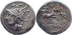 Roman Republic
L. APPULEIUS SATURNINUS. Rome. Circa 104 BC. AR Denarius 3.93 g. Helmeted head of Roma left / L SATVRN, Saturn driving quadriga right,...