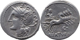 Roman Republic
L. APPULEIUS SATURNINUS. Rome. Circa 104 BC. AR Denarius 3.92 g. Helmeted head of Roma left / L SATVRN, Saturn driving quadriga right,...