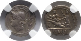 Roman Republic
L. JULIUS L. F. CAESAR. Rome. Circa 103 BC. AR Denarius. CAESAR, Helmeted head of Mars left; •F above / L IVLI L F, Venus driving biga...