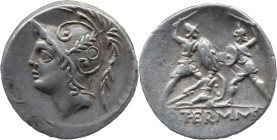 Roman Republic
Q. THERMUS M. F. Rome. Circa 103 BC. AR Denarius 3.93 g. Head of Mars left, wearing crested helmet, ornamented with plume and annulet ...