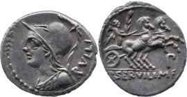 Roman Republic
P. SERVILIUS M. F. RULLUS. Rome. Circa 100 BC. AR Denarius 4.00 g. RVLLI, Helmeted bust of Minerva left, wearing aegis. P SERVILI M F,...