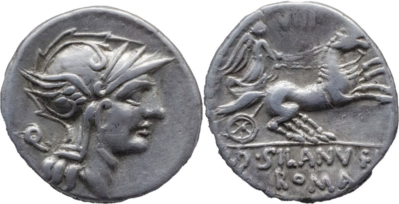 Roman Republic
D. SILANUS L.F. Rome. Circa 91 BC. AR Denarius 3.90 g. Helmeted ...