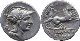 Roman Republic
D. SILANUS L.F. Rome. Circa 91 BC. AR Denarius 3.90 g. Helmeted head of Roma right; Q to left / D SILANVS L F ROMA, Victory driving ga...