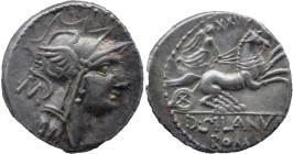 Roman Republic
D. SILANUS L.F. Rome. Circa 91 BC. AR Denarius 4.00 g. Helmeted head of Roma right; M to left / D SILANVS L F ROMA, Victory driving ga...