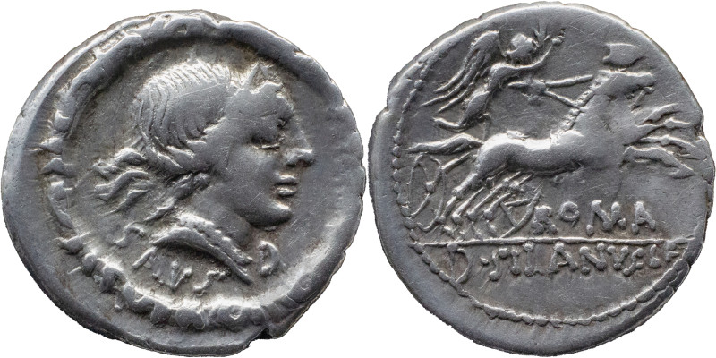 Roman Republic
D. SILANUS L. F. Rome. Circa 91 BC. AR Denarius 3.90 g. SALVS, D...