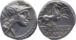 Roman Republic
D. SILANUS L.F. Rome. Circa 91 BC. AR Denarius 3.76 g. Helmeted head of Roma right / D SILANVS L F ROMA, Victory driving galloping big...
