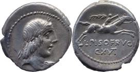 Roman Republic
L. CALPURNIUS PISO FRUGI. Rome. Circa 90 BC. AR Denarius 3.38 g. Laureate head of Apollo right; behind, to left, uncertain figure adva...