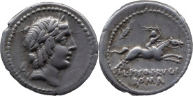 Roman Republic
L. CALPURNIUS PISO FRUGI. Rome. Circa 90 BC. AR Denarius 3.77 g. Laureate head of Apollo right / L PISO FRVGI / ROMA, Horseman gallopi...