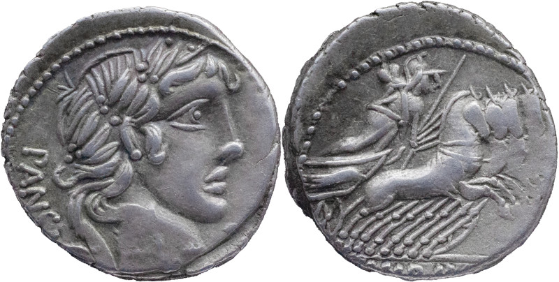 Roman Republic
C. VIBIUS C.F. PANSA. Rome. Circa 90 BC. AR Denarius 4.00 g. PAN...