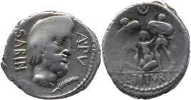 Roman Republic
L. TITURIUS L. F. SABINUS. Rome. Circa 89 BC. AR Denarius 3.63 g. A PV SABIN, Bareheaded and bearded head of King Tatius right; palm f...