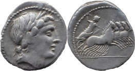 Roman Republic
ANONYMOUS. Rome. Circa 86 BC. AR Denarius 3.81 g. Laureate head of Apollo right; thunderbolt below / Jupiter driving quadriga right, p...