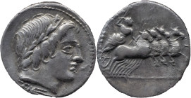 Roman Republic
ANONYMOUS. Rome. Circa 86 BC. AR Denarius 3.58 g. Laureate head of Apollo right; thunderbolt below / Jupiter driving quadriga right, p...