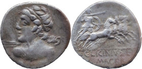 Roman Republic
C. LICINIUS L.F. MACER. Rome. Circa 84 BC. AR Denarius 3.88 g. Bust of Apollo Vejovis left, seen from behind and with drapery on left ...