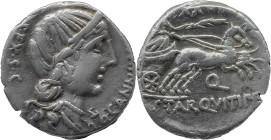 Roman Republic
C. ANNIUS T.F. & C. TARQUITIUS P.F. Mint in northern Italy or Spain. Circa 82-81 BC. AR Denarius 3.82 g. C ANNIVS T F T N PRO COS EX S...