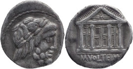 Roman Republic
M. VOLTEIUS M.F. Rome. Circo 75 BC. AR Denarius 3.81 g. Laureate head of Jupiter right / M VOLTEI M F, Tetrastyle temple of Jupiter Ca...