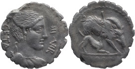 Roman Republic
C. HOSIDIUS C.F. GETA. Rome. Circa 64 BC. AR Serrate Denarius 3.54 g. III VIR / GETA, Diademed and draped bust of Diana right, with bo...