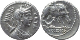 Roman Republic
C. HOSIDIUS C.F. GETA. Rome. Circa 64 BC. AR Serrate Denarius 3.88 g. GETA / III VIR, Diademed and draped bust of Diana right, with bo...