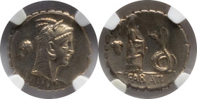 Roman Republic
L. Roscius Fabatus. Rome. Circa 59 BC. AR Serrate Denarius 3.76 g. Head of Juno Sospita right, wearing goat skin headdress, female hea...
