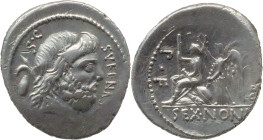 Roman Republic
M. NONIUS SUFENAS. Rome. Circa 57 BC. AR Denarius 3.87 g. SVFENAS S C, Bearded head of Saturn right; harpa and baetylus to left. / SEX...