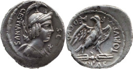 Roman Republic
M. PLAETORIUS M.F. CESTIANUS. Rome. Circa 57 BC. AR Denarius 3.94 g. CESTIANVS / S C, Helmeted, laureate and draped bust of Vacuna rig...