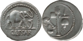 Roman Republic
JULIUS CAESAR. Military mint traveling with Caesar. Circa 49 BC. AR Denarius 3.91 g. CAESAR, Elephant advancing right, trampling upon ...