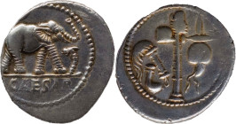 Roman Republic
JULIUS CAESAR. Military mint traveling with Caesar. Circa 49 BC. AR Denarius 3.71 g. CAESAR, Elephant advancing right, trampling upon ...