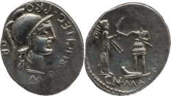 Roman Republic
CNAEUS POMPEY II. Corduba. Circa 46-45 BC. AR Denarius 3.72 g. Marcus Poblicius, legatus pro praetore, M POBLICI LEG PRO PR, Helmeted ...