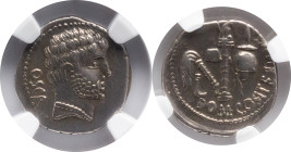 Roman Republic
C. DOMITIUS CALVINUS. Osca. Circa 39 BC. AR Denarius 4.36 g. OSCA, Head of Hercules right / DOM COS ITER IMP, Emblems of the pontifica...