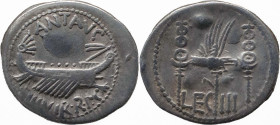 Roman Republic
MARK ANTONY. Legionary issue. Circa 32-31 BC. AR Denarius 3.08 g. ANT AVG / III VIR R P C, Galley right / LEG - III, Aquila right betw...