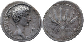 The Roman Empire
AUGUSTUS. Pergamum. Circa 27 BC-14 AD. AR Cistophoric Tetradrachm 11.21 g. IMP CAESAR, Bare head right / AVGV - STVS, Six grain ears...