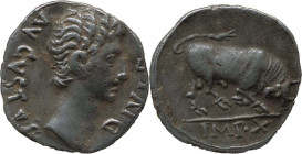 The Roman Empire
AUGUSTUS. Lugdunum. Circa 27 BC-14 AD. AR Denarius 3.52 g. AVGVSTVS DIVI F, Bare head right / IMP X, Bull butting right. RIC² 167a. ...