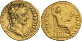 The Roman Empire
TIBERIUS. Lugdunum. "Tribute Penny" type. Circa 14-37. AU Aureus 7.61 g. TI CAESAR DIVI AVG F AVGVSTVS, Laureate head right / PONTIF...