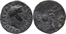 The Roman Empire
NERO. Rome. Circa 54-68. AE As 9.11 g. NERO CAESAR AVG GERM IMP, Laureate head right / Victory flying left, holding round shield ins...