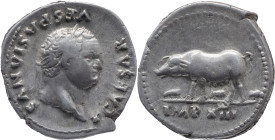 The Roman Empire
TITUS (Caesar). Rome. Circa 69-79. AR Denarius 3.4 g. T CAESAR VESPASIANVS, Laureate head right / IMP XIII, Sow standing left, with ...