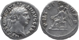 The Roman Empire
TRAJAN. Rome. Circa 98-117. AR Denarius 3.46 g. IMP CAES NERVA TRAIAN AVG GERM, Laureate head right / P M TR P COS III P P. Victory ...