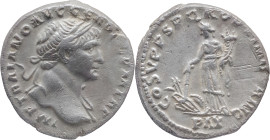 The Roman Empire
TRAJAN. Rome. Circa 98-117. AR Denarius 3.41 g. IMP TRAIANO AVG GER DAC P M TR P, Laureate bust right, with slight drapery / COS V P...