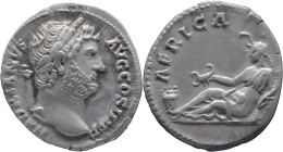 The Roman Empire
HADRIAN. Rome. Circa 117-138. AR Denarius 2.97 g. HADRIANVS AVG COS III P P, Laureate head right /AFRICA, Africa, wearing elephant s...