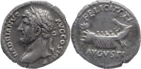 The Roman Empire
HADRIAN. Rome. Circa 117-138. AR Denarius 2.87 g. HADRIANVS AVG COS III P P, Laureate and draped bust left / FELICITATI AVGVSTI, Gal...