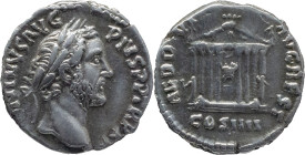 The Roman Empire
ANTONINUS PIUS. Rome. Circa 138-161. AR Denarius 3.29 g. ANTONINVS AVG PIVS P P TR P XXII, Laureate head right / TEMPLVM DIV AVG RES...