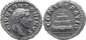 The Roman Empire
DIVUS ANTONINUS PIUS. Rome. Circa 138-161. AR Denarius 2.55 g. DIVVS ANTONINVS, Bareheaded bust right, with slight drapery / CONSECR...