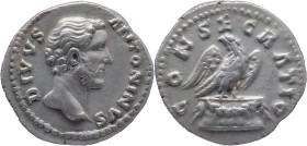 The Roman Empire
DIVUS ANTONINUS PIUS. Rome. Circa 138-161. AR Denarius 3.18 g. DIVVS ANTONINVS, Bare head right / CONSECRATIO, Eagle, with head left...
