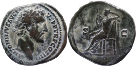 The Roman Empire
ANTONINUS PIUS. Rome. Circa 138-161. AE Sestertius 26.82 g. Laureate head right /S-C, Ops seated left, holding scepter and drawing b...