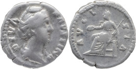 The Roman Empire
DIVA FAUSTINA I (Died 140/1). Rome. AR Denarius 2.98 g. DIVA FAVSTINA, draped bust to right / AVGVSTA, Vesta, veiled and seated to l...