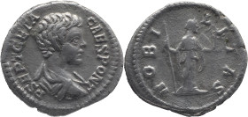 The Roman Empire
GETA (Caesar). Rome. Circa 198-209. AR Denarius 3.13 g. P SEPT GETA CAES PONT, Bareheaded and draped bust right / NOBILITAS, Nobilit...