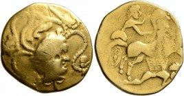 CELTIC, Northwest Gaul. Veneti. 2nd century BC. Stater (Gold, 22 mm, 7.67 g, 2 h), 'au cheval-marin en cimier' type. Celticized head of Apollo to righ...