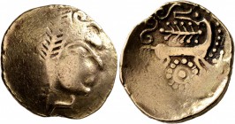 CELTIC, Northeast Gaul. Leuci. 2nd century BC. Stater (Gold, 24 mm, 7.24 g, 9 h), 'au cheval retournant la t&#234;te' type. Celticized laureate male h...