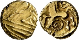 CELTIC, Northeast Gaul. Remi. Late 2nd-mid 1st century BC. Stater (Gold, 17 mm, 6.11 g, 1 h), '&#224; l'oeil' type. Devolved laureate male head to rig...