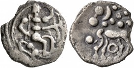 CELTIC, Northeast Gaul. Treveri. Mid 1st century BC. Quinarius (Silver, 14 mm, 1.45 g, 12 h), 'Marberg' type. Male figure seated to right, with tree t...