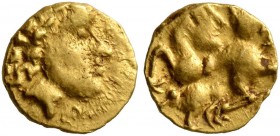 CELTIC, Central Europe. Vindelici. Early 2nd century BC. 1/24 Stater (Gold, 6 mm, 0.32 g, 2 h), 'Androkephales Pferd II' type. Male head to right, wea...